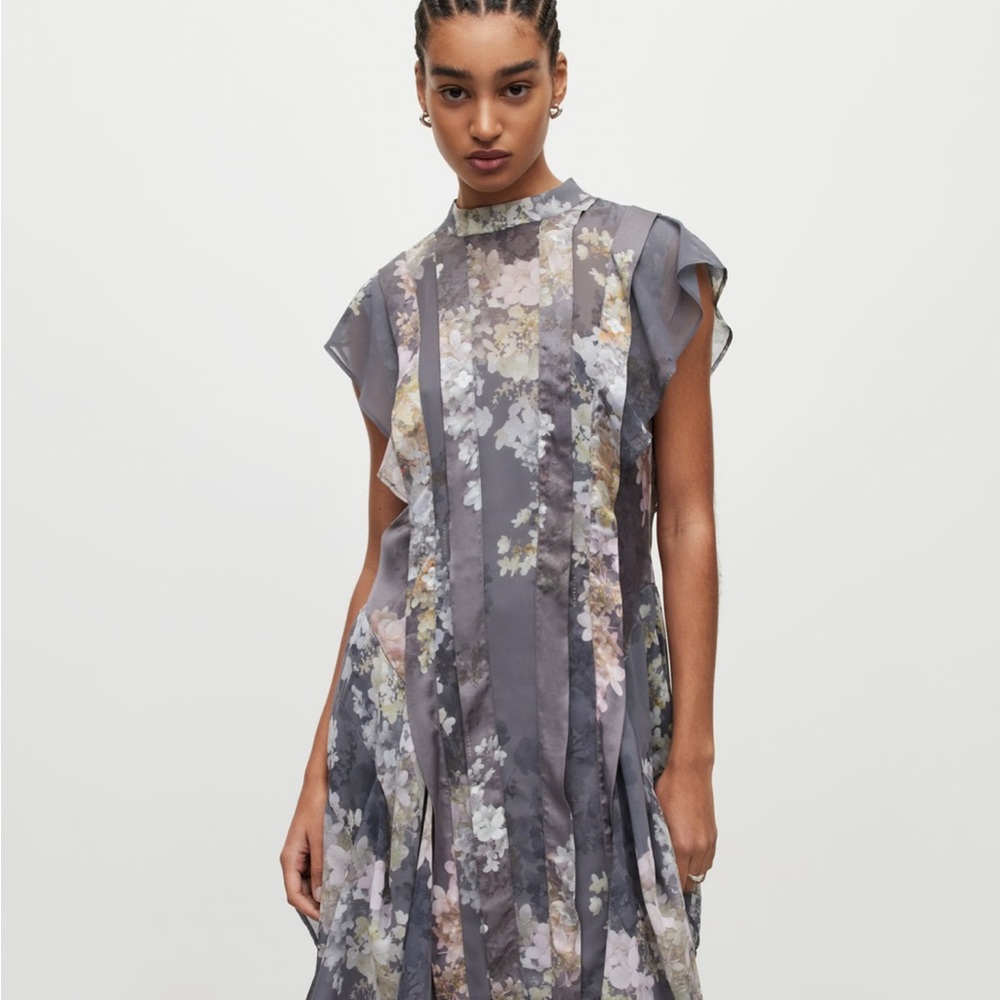 All Saints Asymmetrical Floral Dress in Gray and Cream
